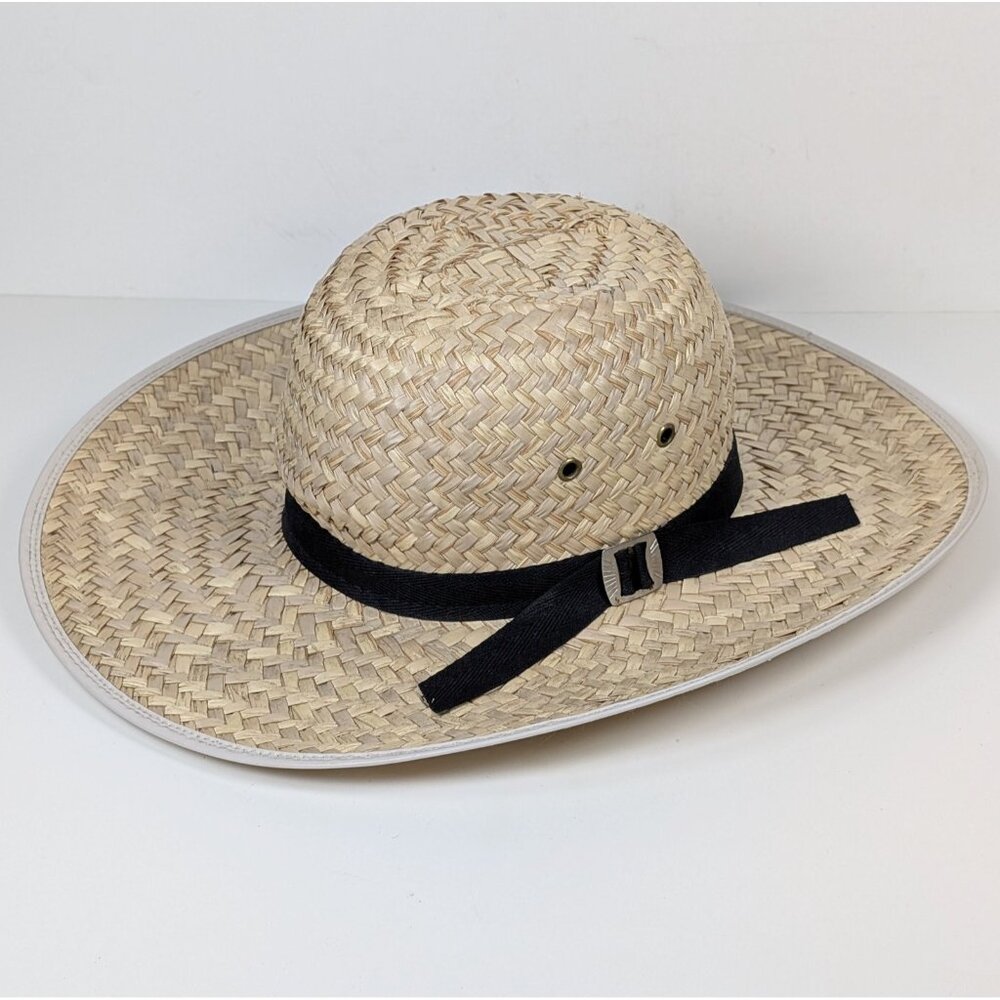 Natural Straw Sunset Hat USA Amish Made Size Small Wide Brim Sun Cap Black Band